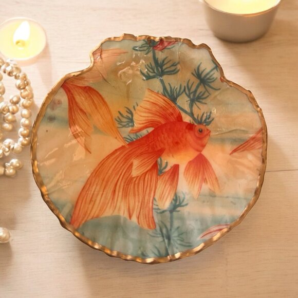 Handmade Decoupage Scallop Shell Trinket Dish Koi Gold Fish - Picture 1 of 13
